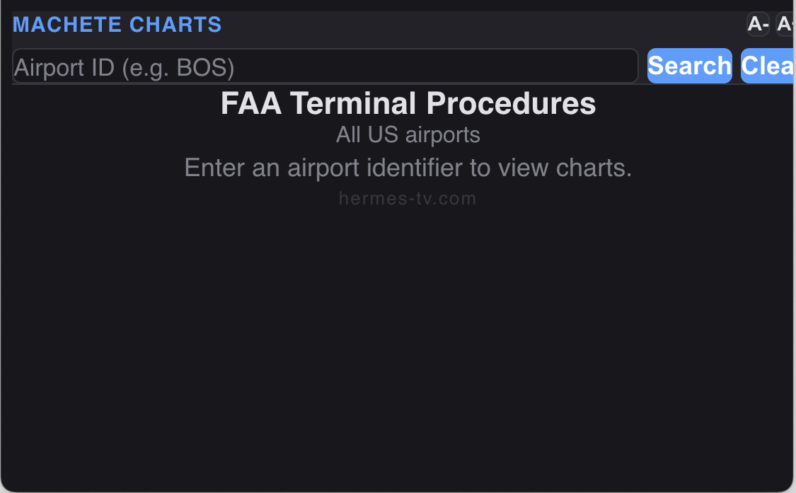 Machete Charts panel open inside Microsoft Flight Simulator, showing the airport search and the FAA Terminal Procedures home screen.